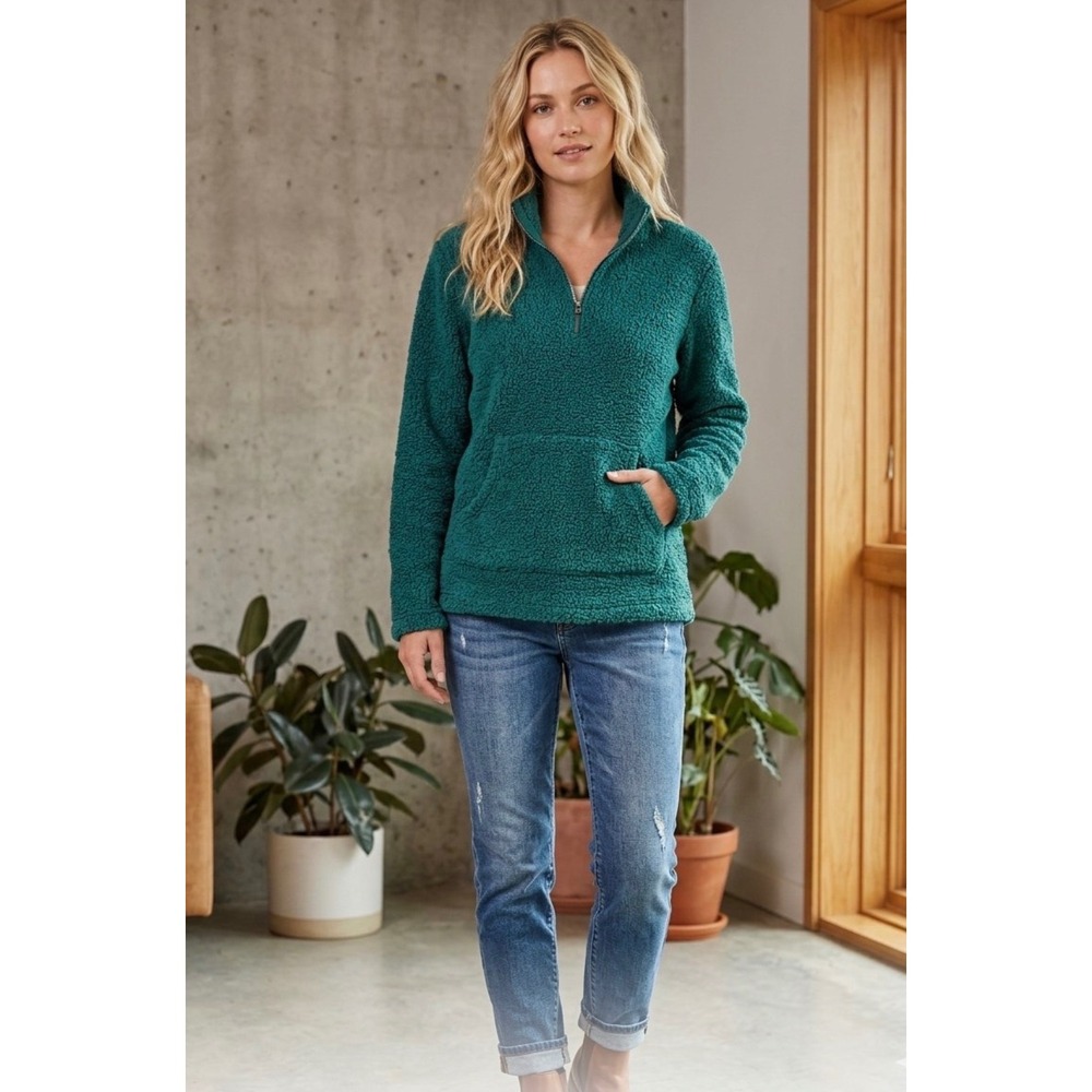 Natural Reflections Teal Green Popcorn Sherpa Fleece Quarter Zip Pullover Large